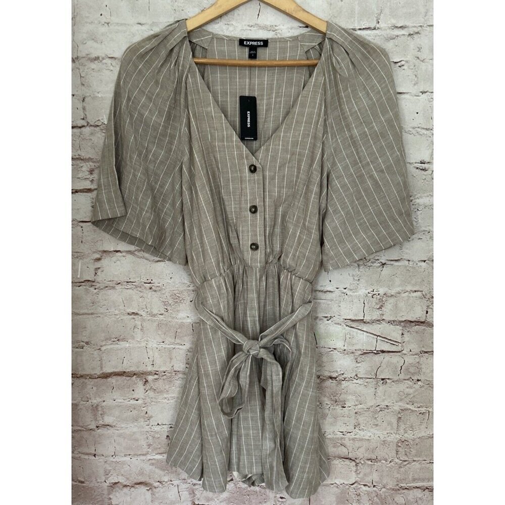 Express Womens Linen Blend Romper V-Neck Button Up Tie Waist Tan Stripe Size S